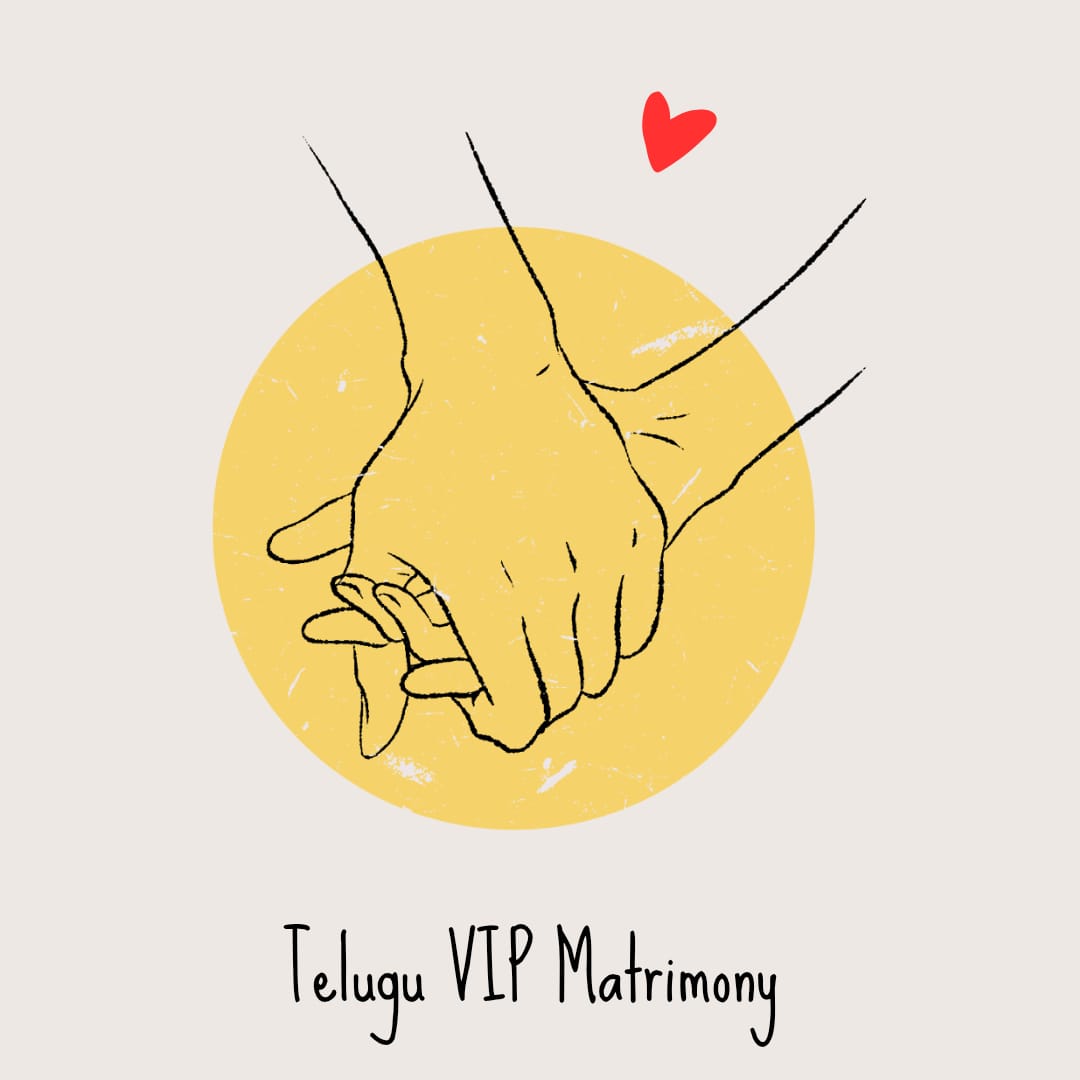 Mobile phone mockup with Telugu VIP Matrimony Marriages app login screen and an Indian couple dressed in traditional yellow and cream wedding wear